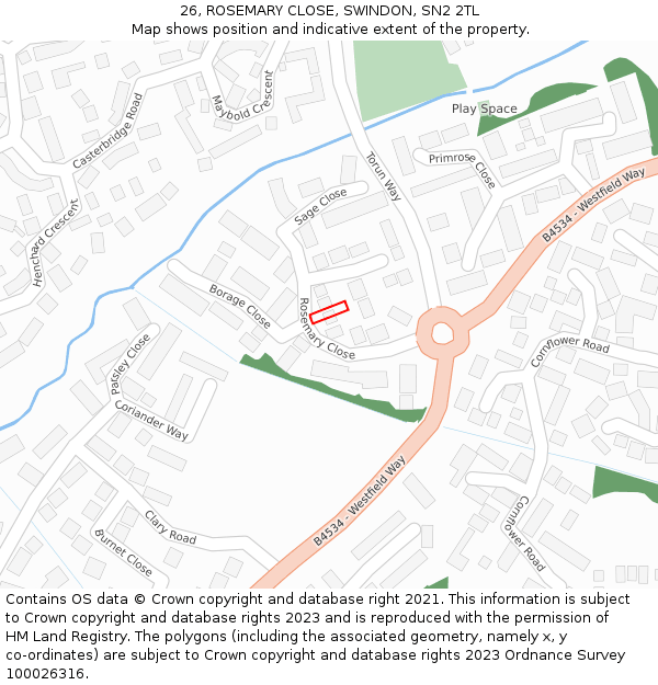 26, ROSEMARY CLOSE, SWINDON, SN2 2TL: Location map and indicative extent of plot