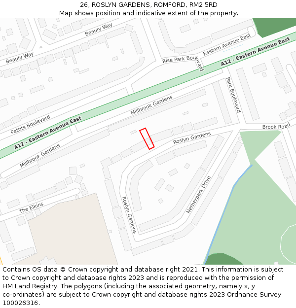 26, ROSLYN GARDENS, ROMFORD, RM2 5RD: Location map and indicative extent of plot