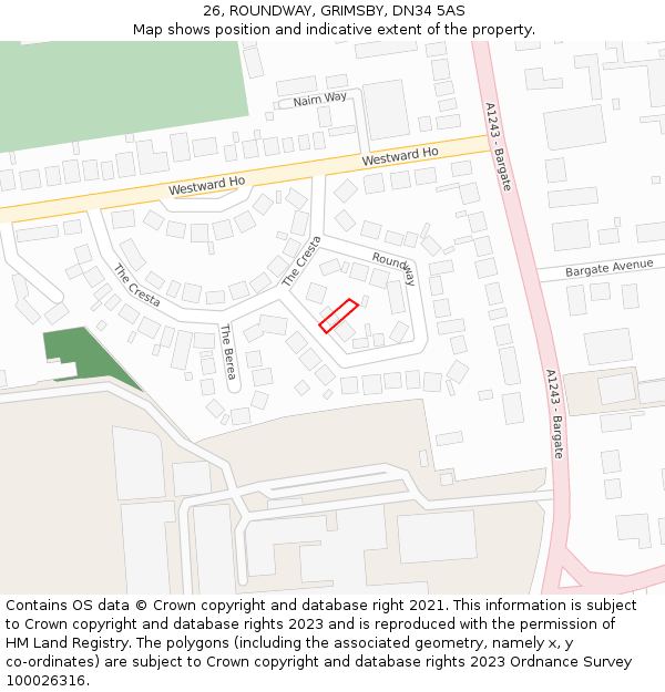 26, ROUNDWAY, GRIMSBY, DN34 5AS: Location map and indicative extent of plot