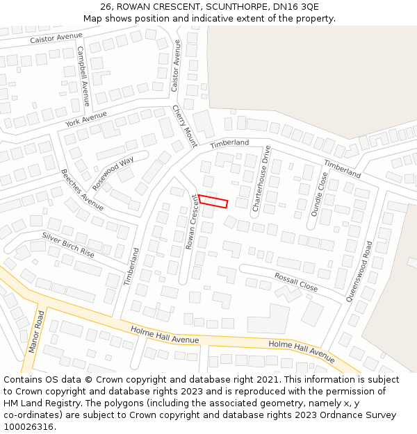 26, ROWAN CRESCENT, SCUNTHORPE, DN16 3QE: Location map and indicative extent of plot