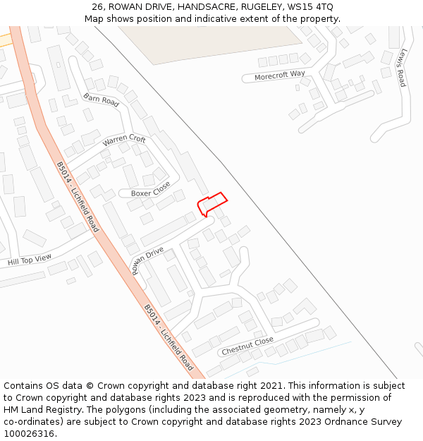 26, ROWAN DRIVE, HANDSACRE, RUGELEY, WS15 4TQ: Location map and indicative extent of plot
