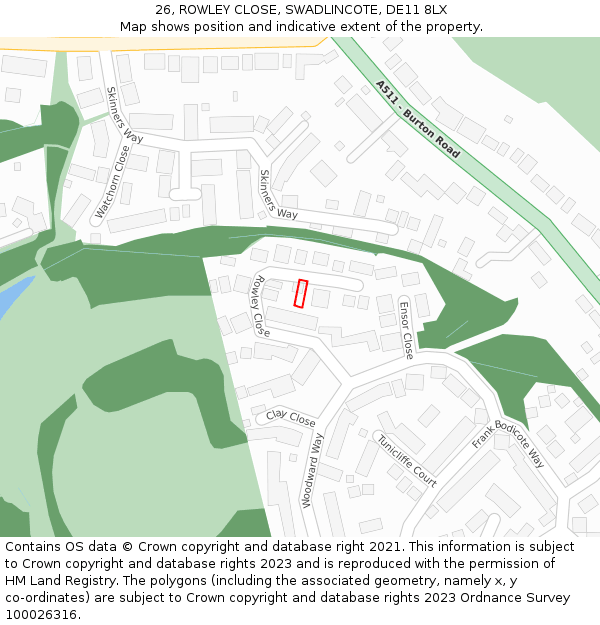 26, ROWLEY CLOSE, SWADLINCOTE, DE11 8LX: Location map and indicative extent of plot