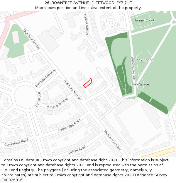 26, ROWNTREE AVENUE, FLEETWOOD, FY7 7HE: Location map and indicative extent of plot