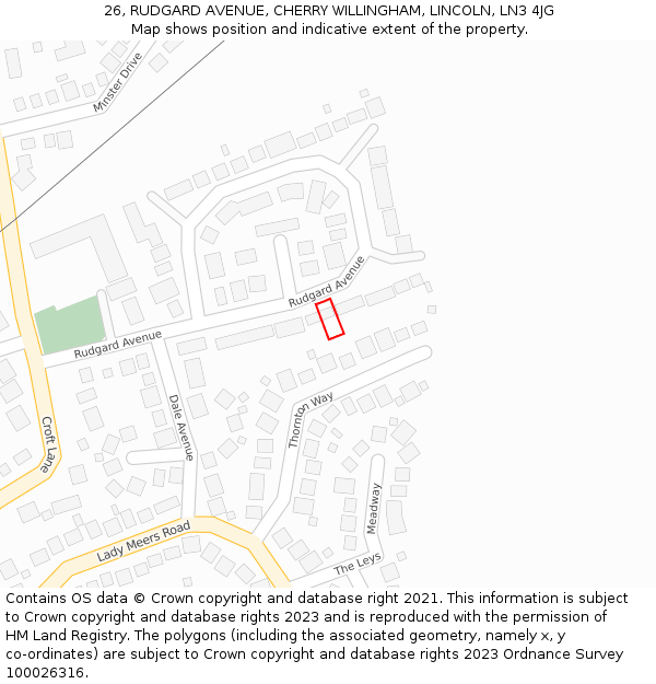 26, RUDGARD AVENUE, CHERRY WILLINGHAM, LINCOLN, LN3 4JG: Location map and indicative extent of plot