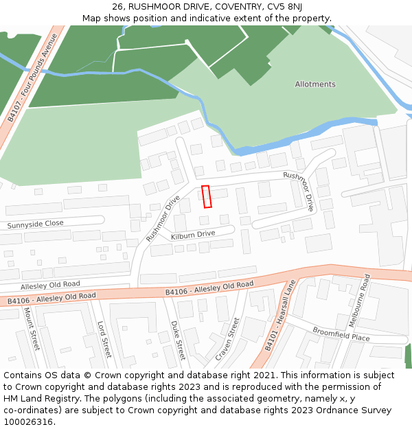 26, RUSHMOOR DRIVE, COVENTRY, CV5 8NJ: Location map and indicative extent of plot