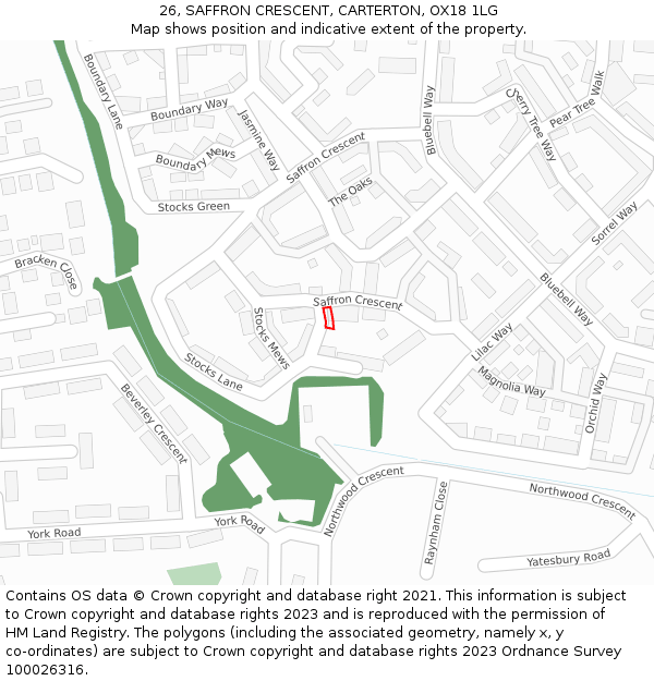 26, SAFFRON CRESCENT, CARTERTON, OX18 1LG: Location map and indicative extent of plot