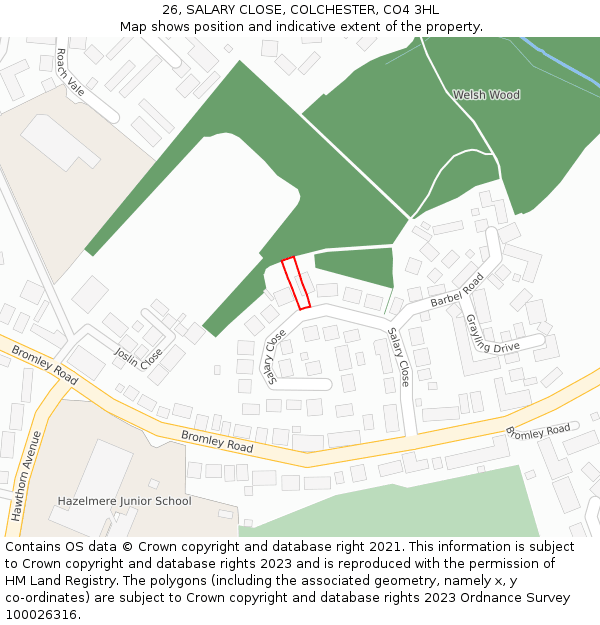 26, SALARY CLOSE, COLCHESTER, CO4 3HL: Location map and indicative extent of plot