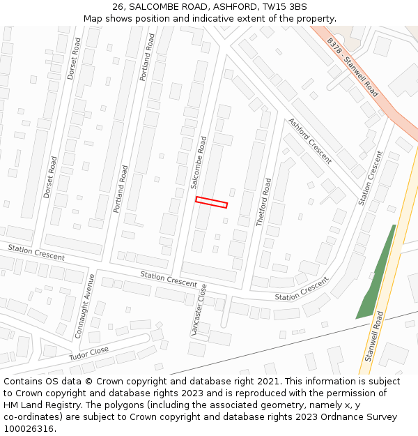 26, SALCOMBE ROAD, ASHFORD, TW15 3BS: Location map and indicative extent of plot