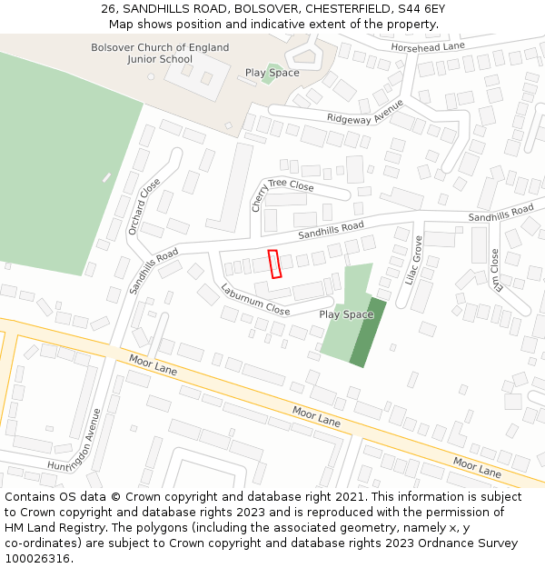 26, SANDHILLS ROAD, BOLSOVER, CHESTERFIELD, S44 6EY: Location map and indicative extent of plot