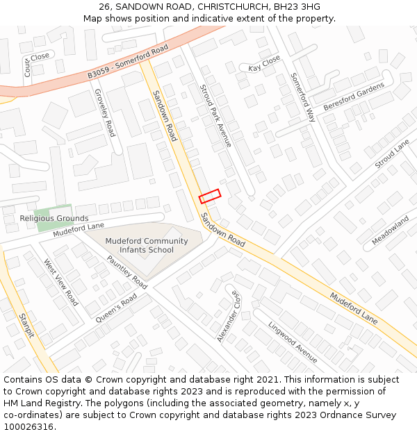 26, SANDOWN ROAD, CHRISTCHURCH, BH23 3HG: Location map and indicative extent of plot