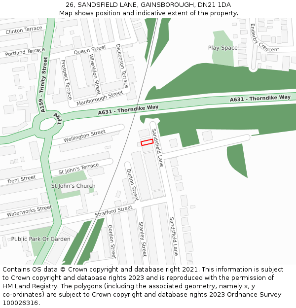 26, SANDSFIELD LANE, GAINSBOROUGH, DN21 1DA: Location map and indicative extent of plot