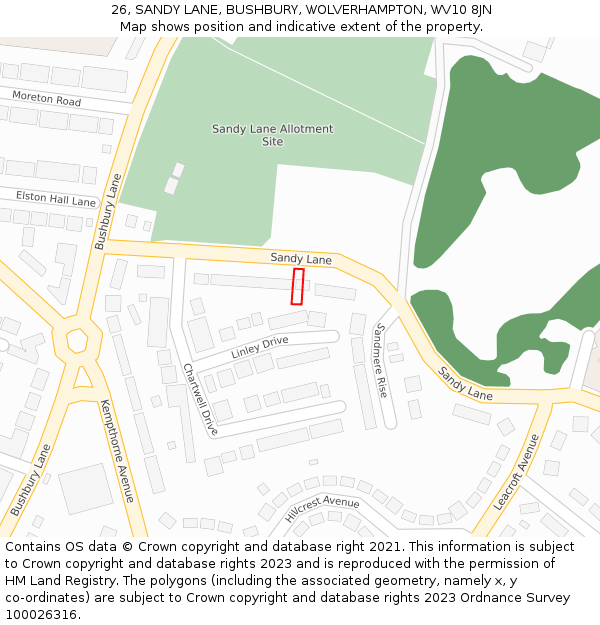 26, SANDY LANE, BUSHBURY, WOLVERHAMPTON, WV10 8JN: Location map and indicative extent of plot