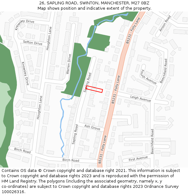 26, SAPLING ROAD, SWINTON, MANCHESTER, M27 0BZ: Location map and indicative extent of plot