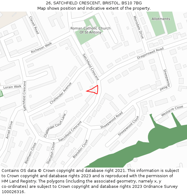 26, SATCHFIELD CRESCENT, BRISTOL, BS10 7BG: Location map and indicative extent of plot