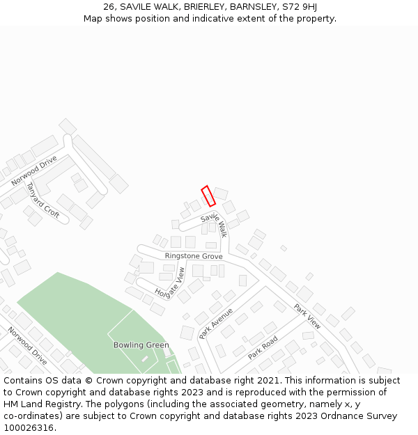 26, SAVILE WALK, BRIERLEY, BARNSLEY, S72 9HJ: Location map and indicative extent of plot