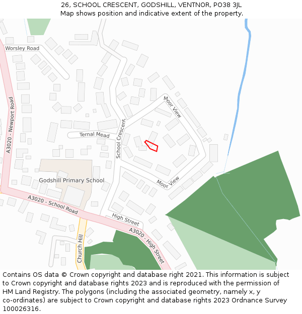 26, SCHOOL CRESCENT, GODSHILL, VENTNOR, PO38 3JL: Location map and indicative extent of plot