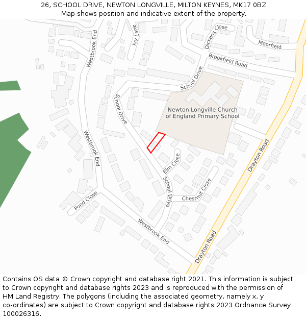 26, SCHOOL DRIVE, NEWTON LONGVILLE, MILTON KEYNES, MK17 0BZ: Location map and indicative extent of plot