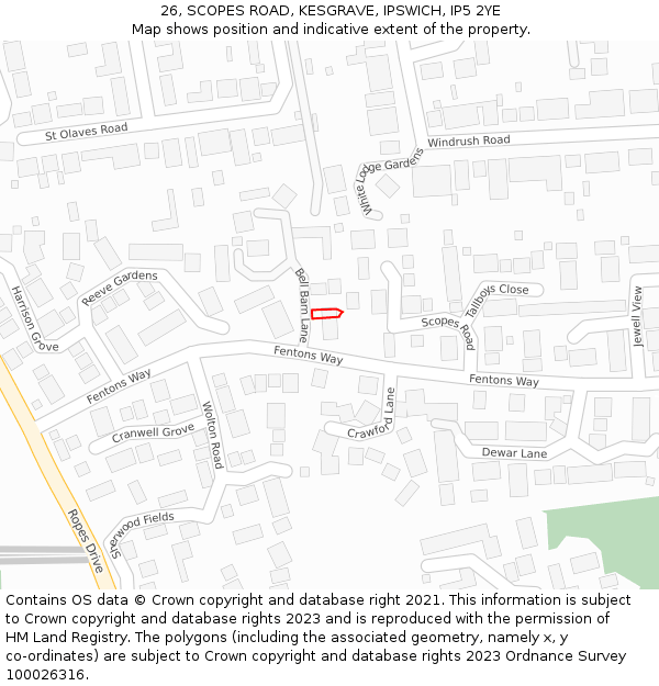 26, SCOPES ROAD, KESGRAVE, IPSWICH, IP5 2YE: Location map and indicative extent of plot