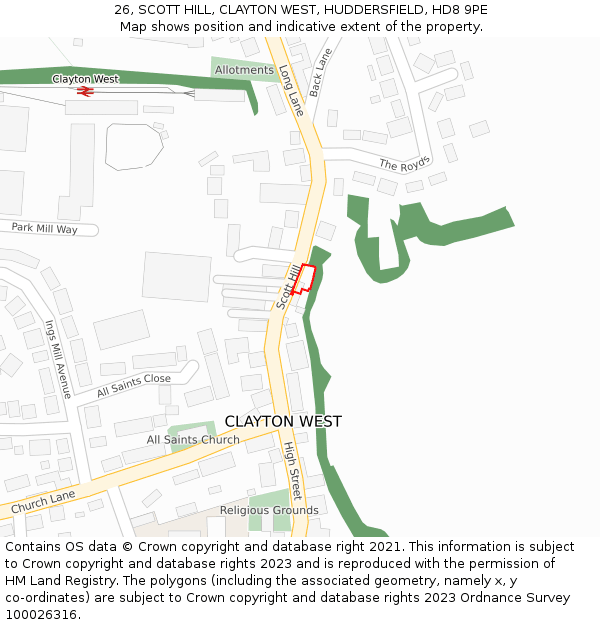 26, SCOTT HILL, CLAYTON WEST, HUDDERSFIELD, HD8 9PE: Location map and indicative extent of plot