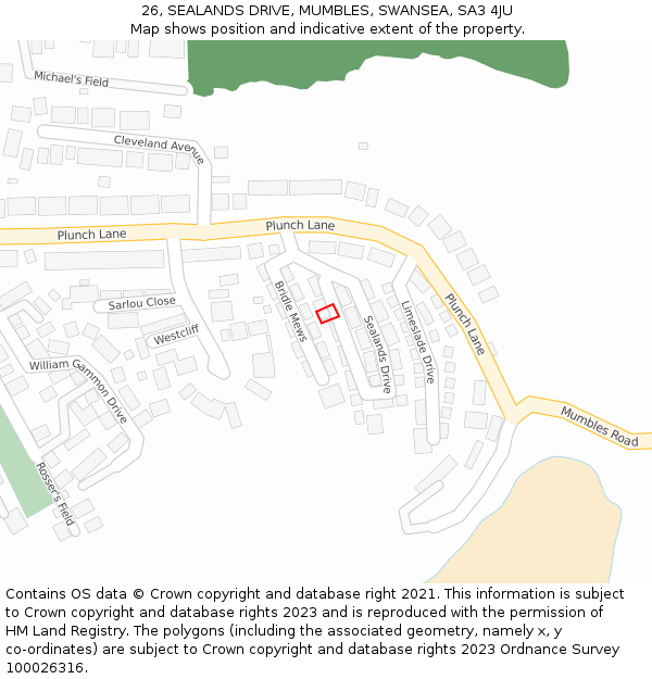 26, SEALANDS DRIVE, MUMBLES, SWANSEA, SA3 4JU: Location map and indicative extent of plot