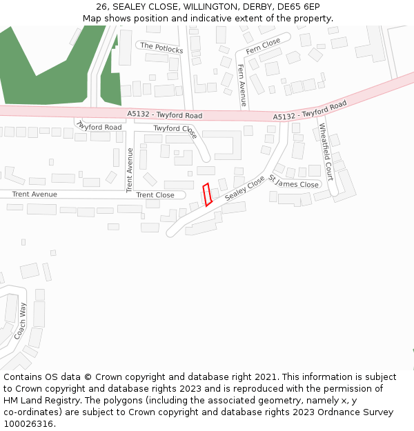 26, SEALEY CLOSE, WILLINGTON, DERBY, DE65 6EP: Location map and indicative extent of plot