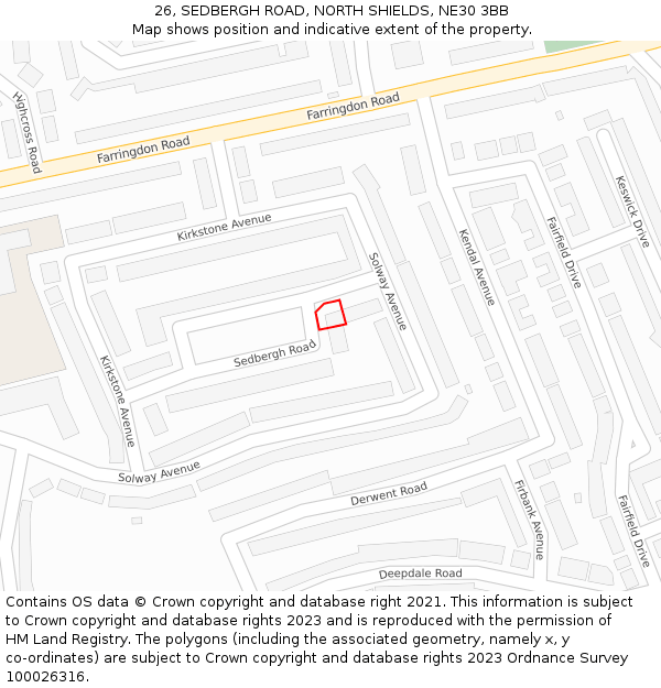 26, SEDBERGH ROAD, NORTH SHIELDS, NE30 3BB: Location map and indicative extent of plot