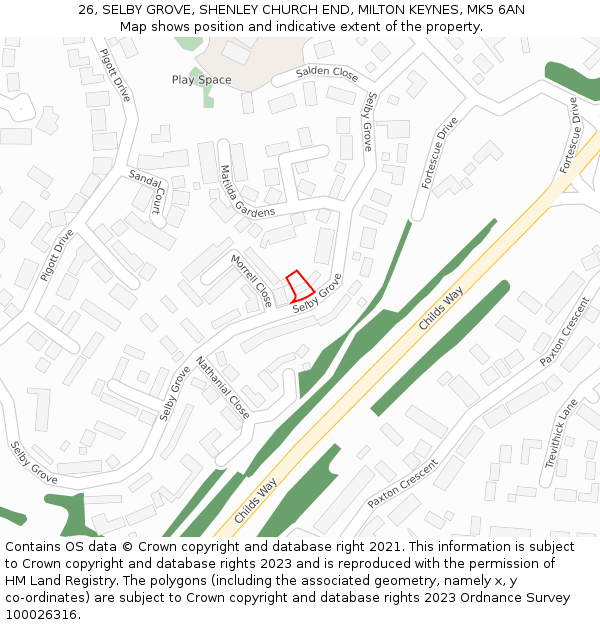 26, SELBY GROVE, SHENLEY CHURCH END, MILTON KEYNES, MK5 6AN: Location map and indicative extent of plot