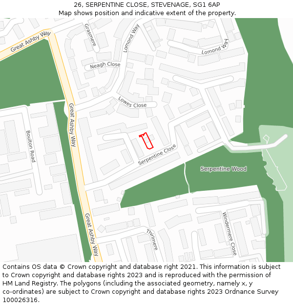 26, SERPENTINE CLOSE, STEVENAGE, SG1 6AP: Location map and indicative extent of plot