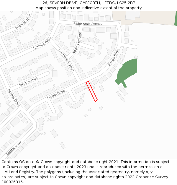 26, SEVERN DRIVE, GARFORTH, LEEDS, LS25 2BB: Location map and indicative extent of plot