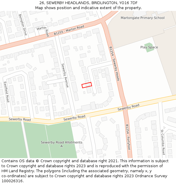 26, SEWERBY HEADLANDS, BRIDLINGTON, YO16 7DF: Location map and indicative extent of plot