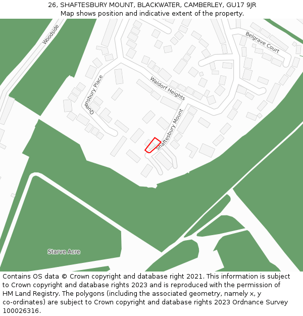 26, SHAFTESBURY MOUNT, BLACKWATER, CAMBERLEY, GU17 9JR: Location map and indicative extent of plot