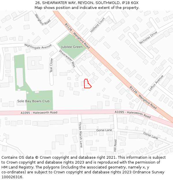 26, SHEARWATER WAY, REYDON, SOUTHWOLD, IP18 6GX: Location map and indicative extent of plot