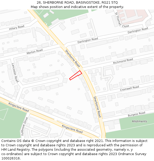 26, SHERBORNE ROAD, BASINGSTOKE, RG21 5TQ: Location map and indicative extent of plot