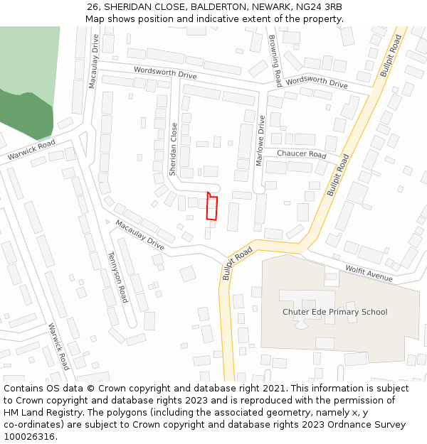 26, SHERIDAN CLOSE, BALDERTON, NEWARK, NG24 3RB: Location map and indicative extent of plot