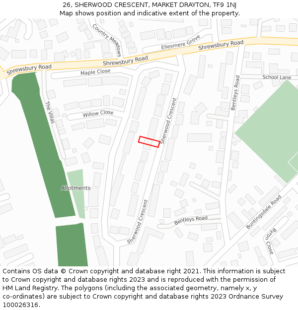 26, SHERWOOD CRESCENT, MARKET DRAYTON, TF9 1NJ: Location map and indicative extent of plot