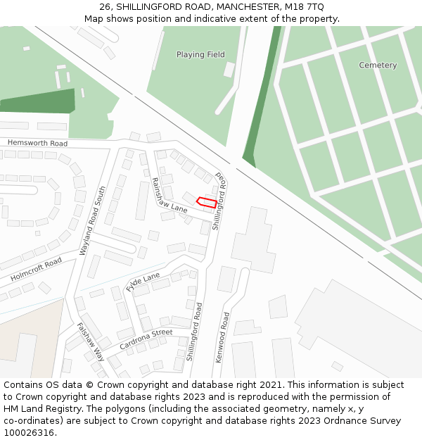 26, SHILLINGFORD ROAD, MANCHESTER, M18 7TQ: Location map and indicative extent of plot