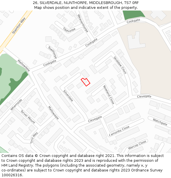 26, SILVERDALE, NUNTHORPE, MIDDLESBROUGH, TS7 0RF: Location map and indicative extent of plot