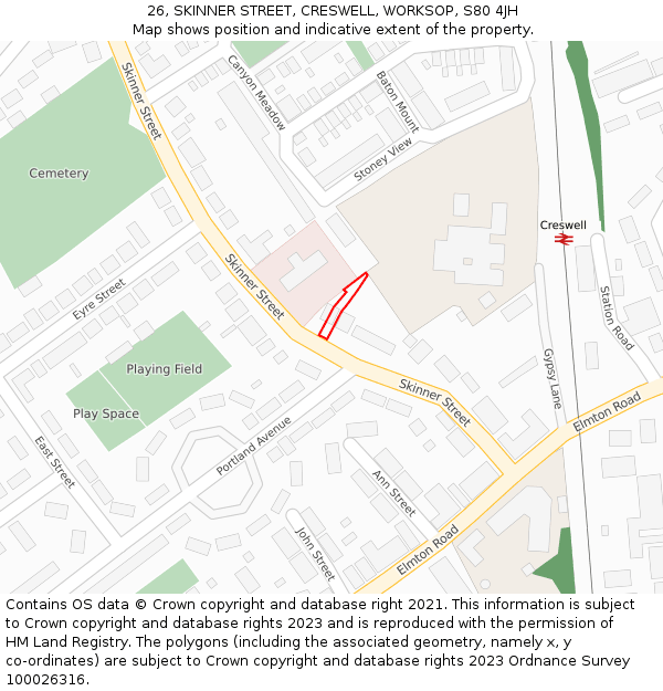 26, SKINNER STREET, CRESWELL, WORKSOP, S80 4JH: Location map and indicative extent of plot