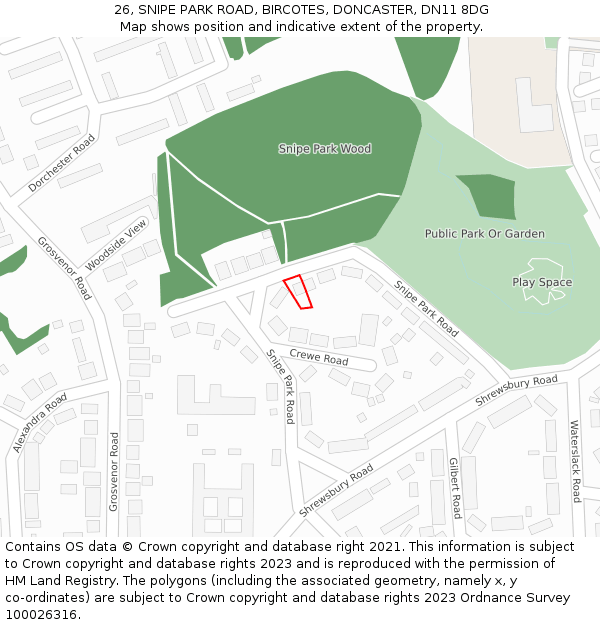 26, SNIPE PARK ROAD, BIRCOTES, DONCASTER, DN11 8DG: Location map and indicative extent of plot
