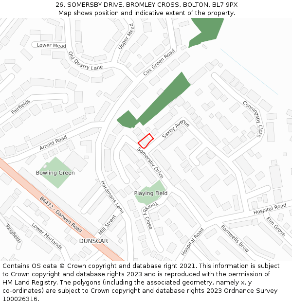 26, SOMERSBY DRIVE, BROMLEY CROSS, BOLTON, BL7 9PX: Location map and indicative extent of plot