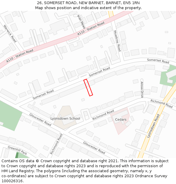 26, SOMERSET ROAD, NEW BARNET, BARNET, EN5 1RN: Location map and indicative extent of plot