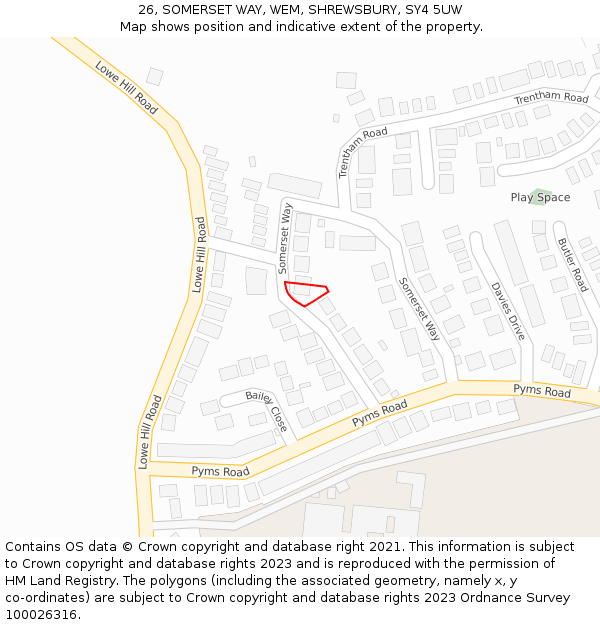 26, SOMERSET WAY, WEM, SHREWSBURY, SY4 5UW: Location map and indicative extent of plot