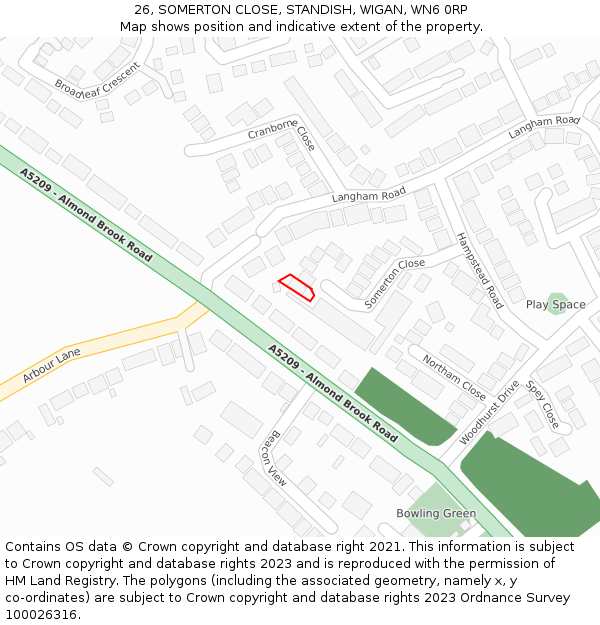 26, SOMERTON CLOSE, STANDISH, WIGAN, WN6 0RP: Location map and indicative extent of plot