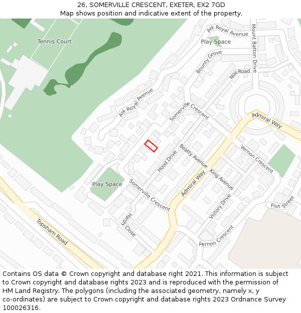 26, SOMERVILLE CRESCENT, EXETER, EX2 7GD: Location map and indicative extent of plot