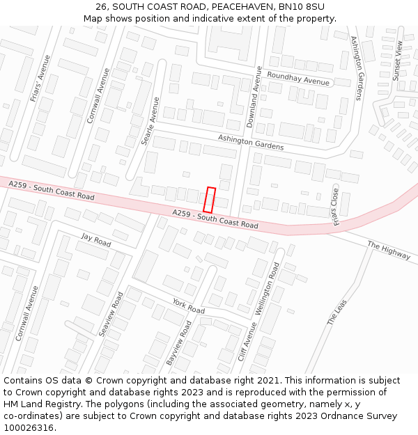 26, SOUTH COAST ROAD, PEACEHAVEN, BN10 8SU: Location map and indicative extent of plot