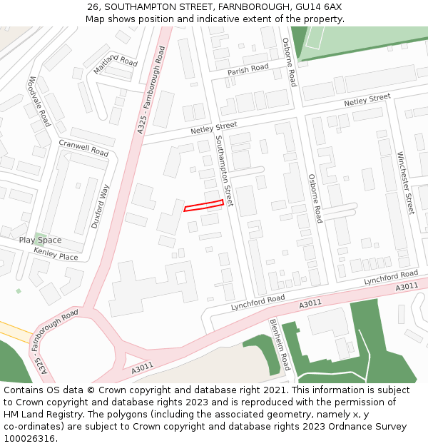 26, SOUTHAMPTON STREET, FARNBOROUGH, GU14 6AX: Location map and indicative extent of plot