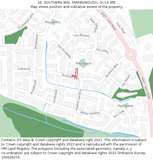 26, SOUTHERN WAY, FARNBOROUGH, GU14 0RE: Location map and indicative extent of plot