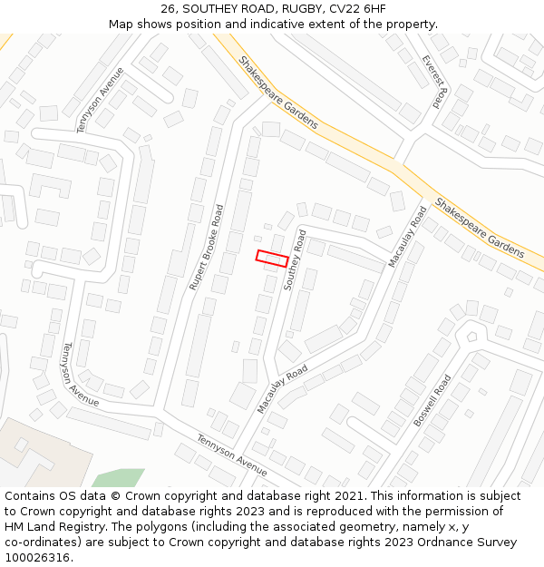 26, SOUTHEY ROAD, RUGBY, CV22 6HF: Location map and indicative extent of plot