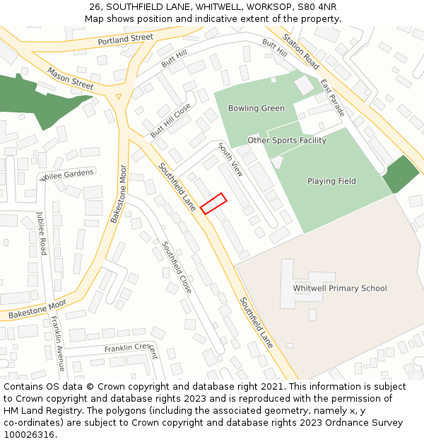 26, SOUTHFIELD LANE, WHITWELL, WORKSOP, S80 4NR: Location map and indicative extent of plot