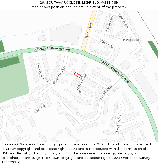 26, SOUTHWARK CLOSE, LICHFIELD, WS13 7SH: Location map and indicative extent of plot